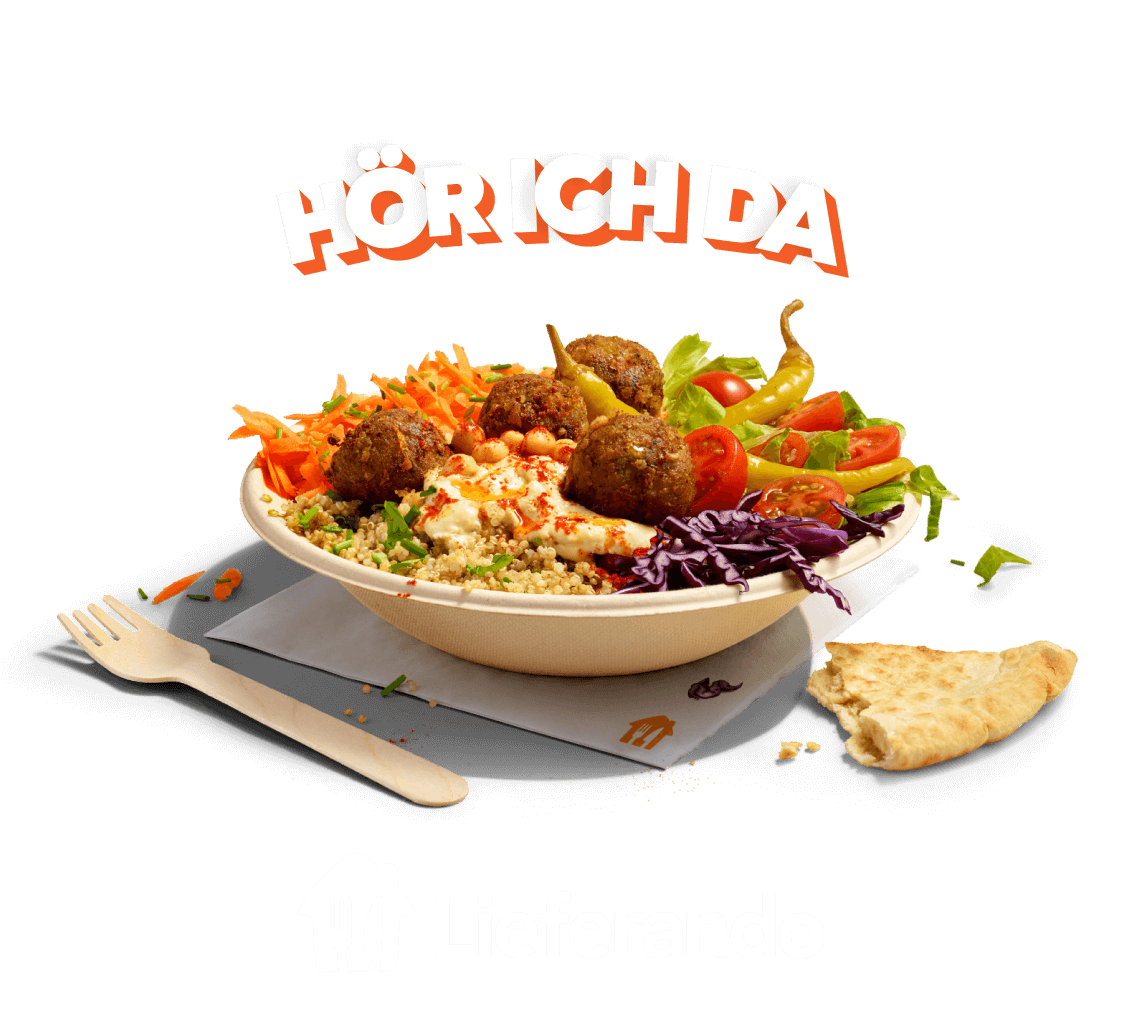 Graphic of Hör ich da above a bowl of falafel and vegetables on orange background with a Lieferando logo below
