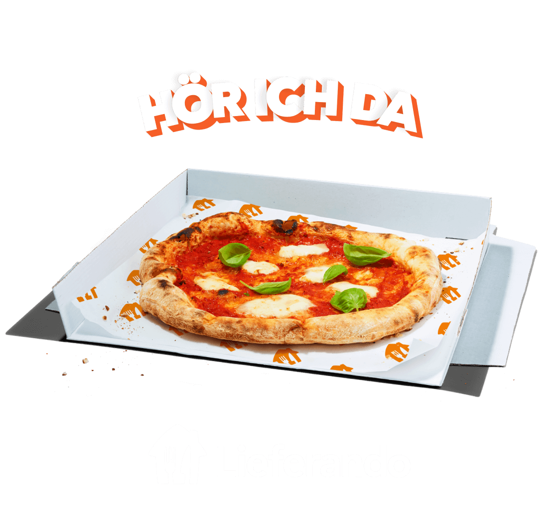 Graphic of Hör ich da above a pizza on orange background with a Lieferando logo below