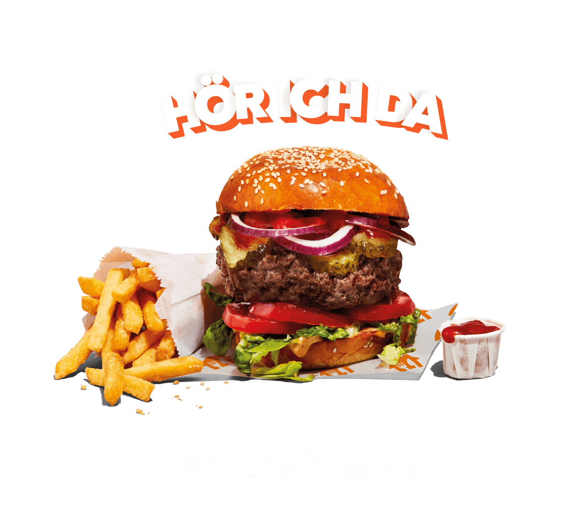 Изписано Hör ich da над бургер с картофки и кетчуп на оранжев фон и логото на Lieferando отдолу